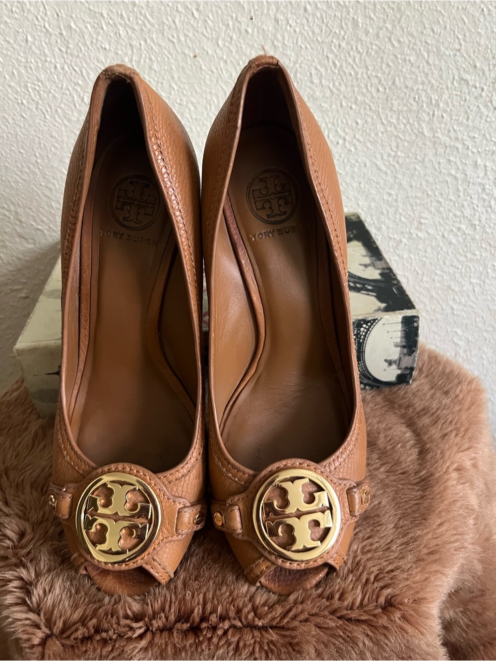 Tory Burch Cognac Leather Peep-Toe Heels with Gold Logo Medallions